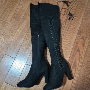 Bella Marie Black Lace-Up Over-the-Knee Boots
